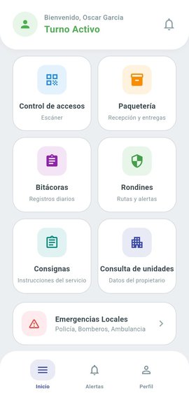 Pantalla principal de la app del guardia mostrando control de accesos, paquetería, bitácoras y rondines